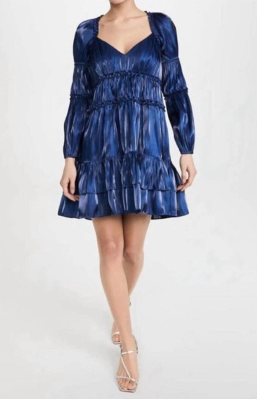 Cinq A Sept Tammy Dress Metallic Eclipse Blue Ruffle Long Puff Sleeves EUC 00